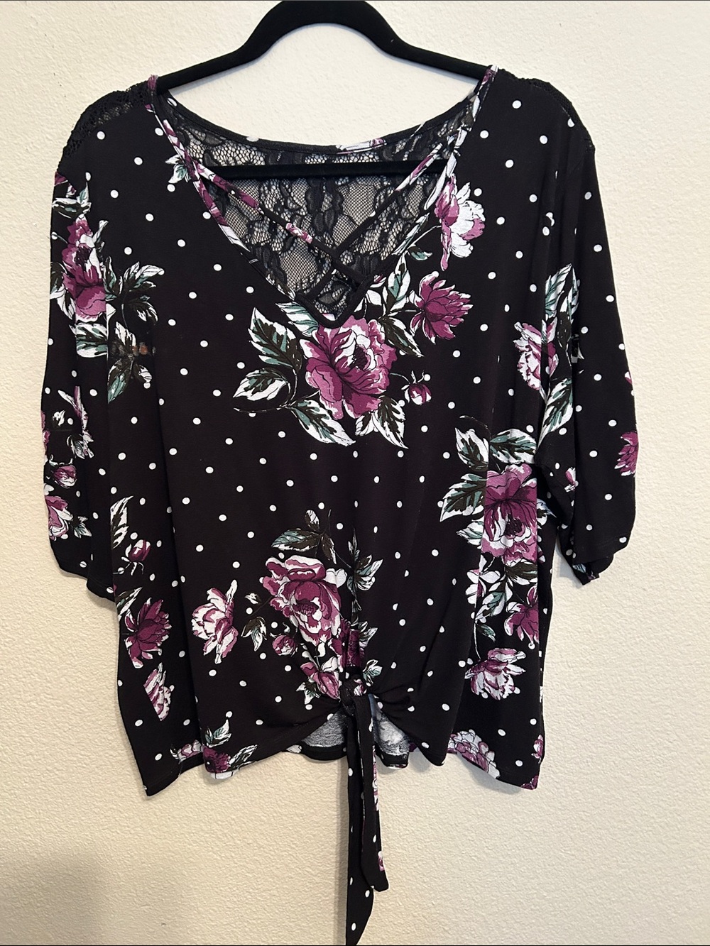 No Boundaries Black Floral Polka-Dot Tie-Front V-Neck Top